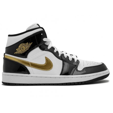 Jordan 1 Mid Patent Black White Gold 852542007